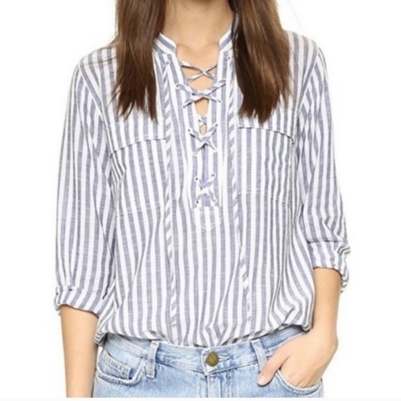 Madewell Blue Striped Terrace Lace UP Blouse Size Small - Picture 1 of 11